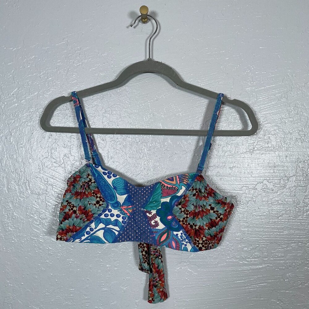 Maaji Women XL Blue Red White Floral Paisley Bikini Top Reversible Tie Back